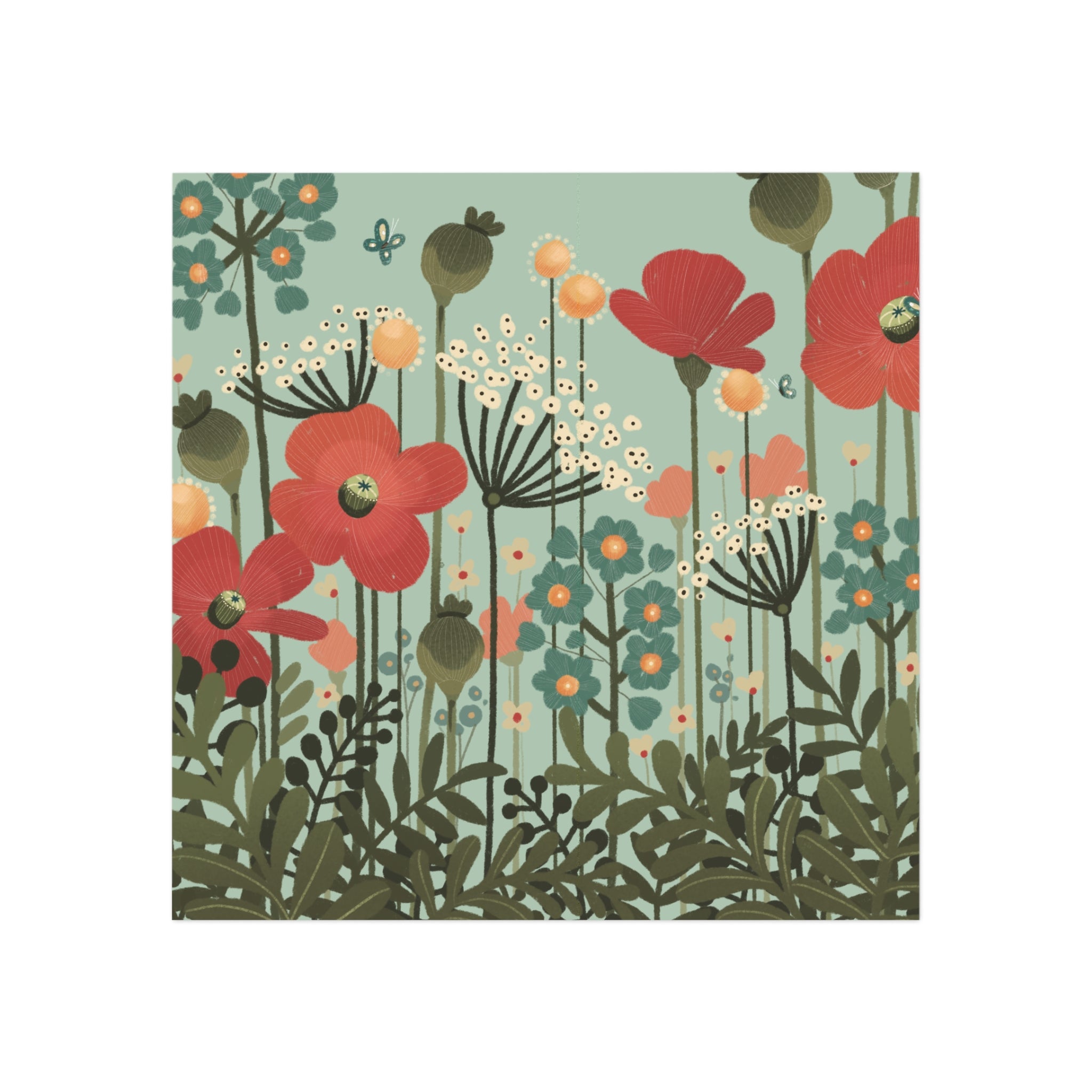 Floral Meadow Square Magnet — Vintage Poppy Garden Refrigerator Magnet