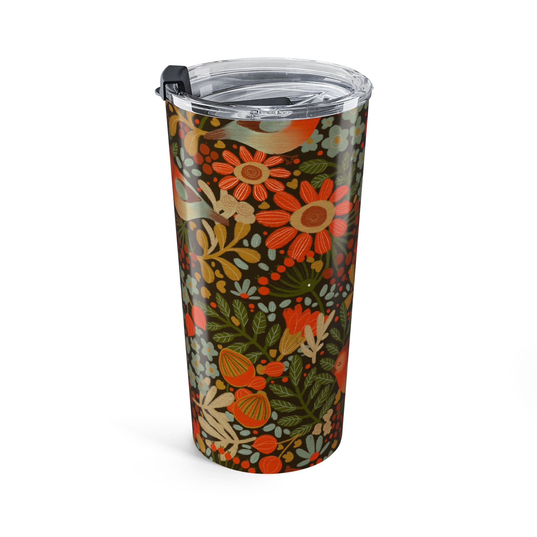 Retro Floral Bird Tumbler 20oz | Orange Green Cottagecore Travel Cup