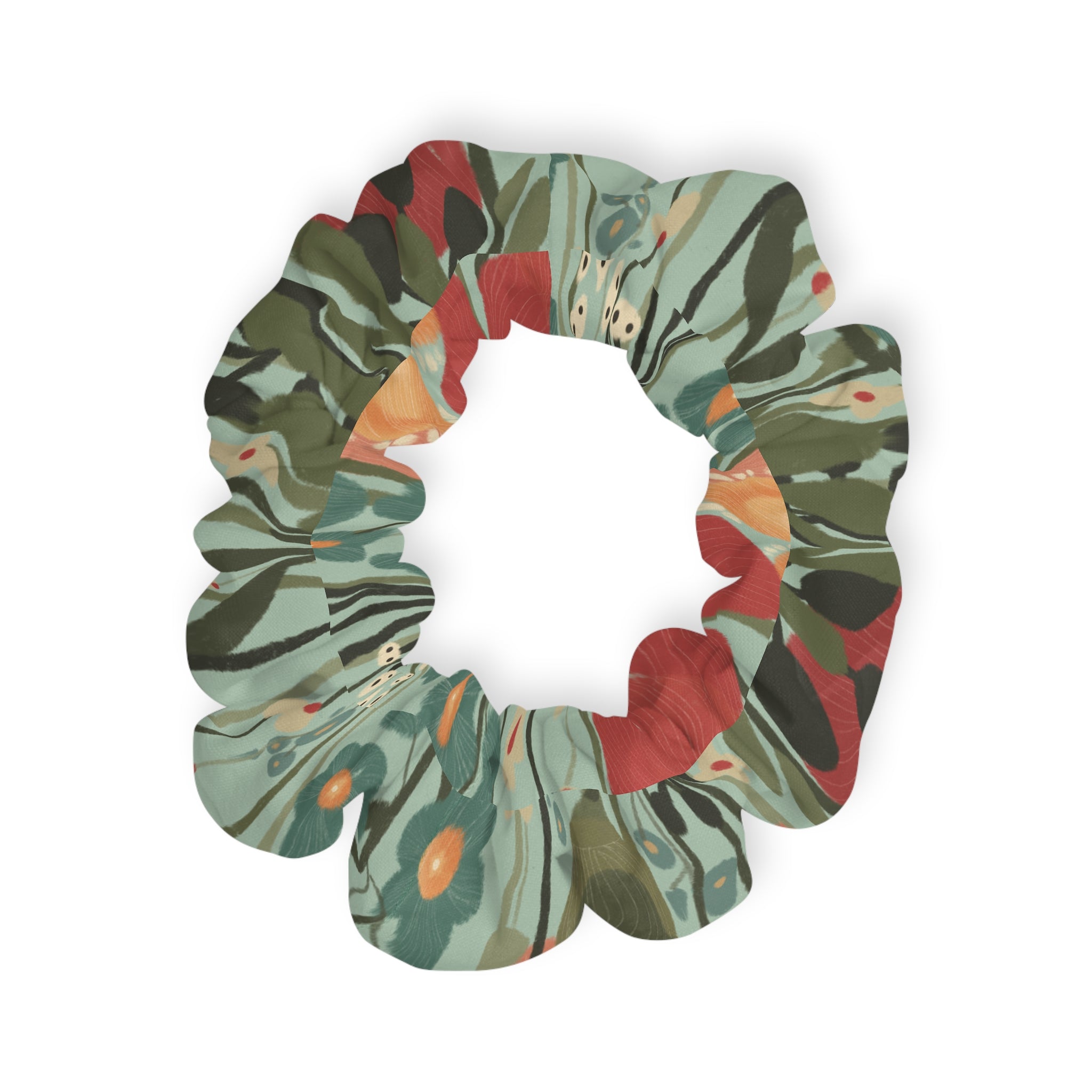 Floral Vintage Green Scrunchie — Retro Poppy Hair Accessory