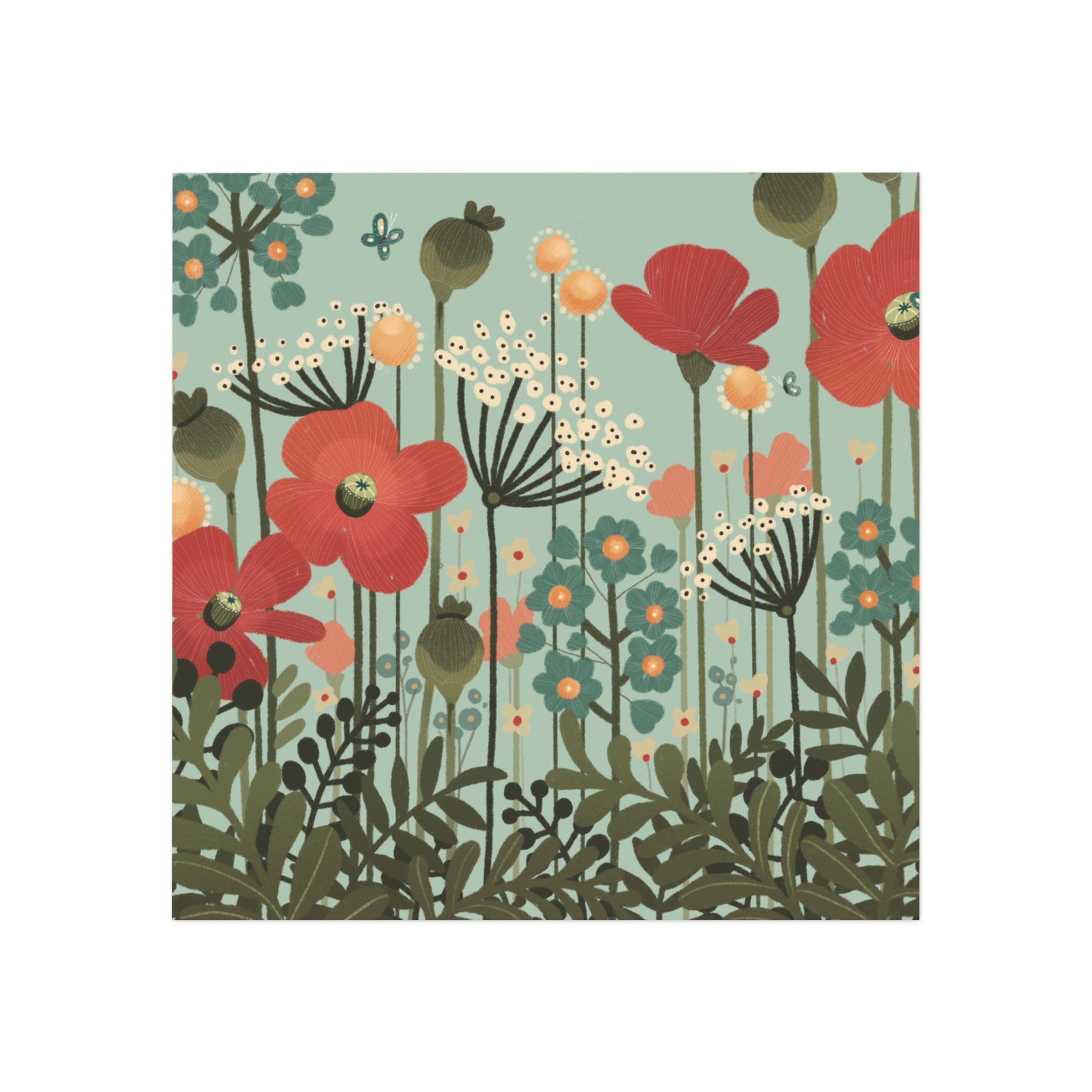 Floral Meadow Square Magnet — Vintage Poppy Garden Refrigerator Magnet