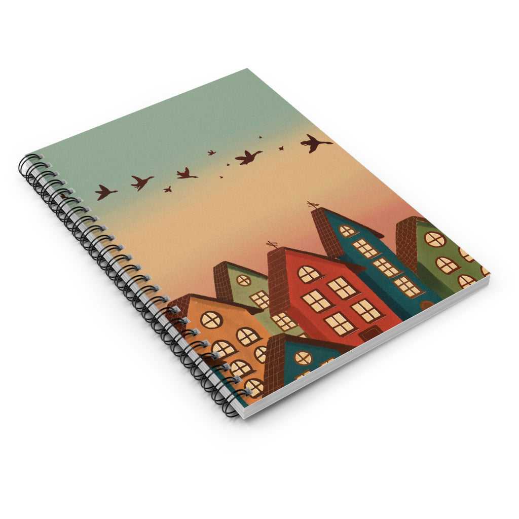 Cozy Village Spiral Notebook — Sunset Houses & Flying Birds Ruled Journal