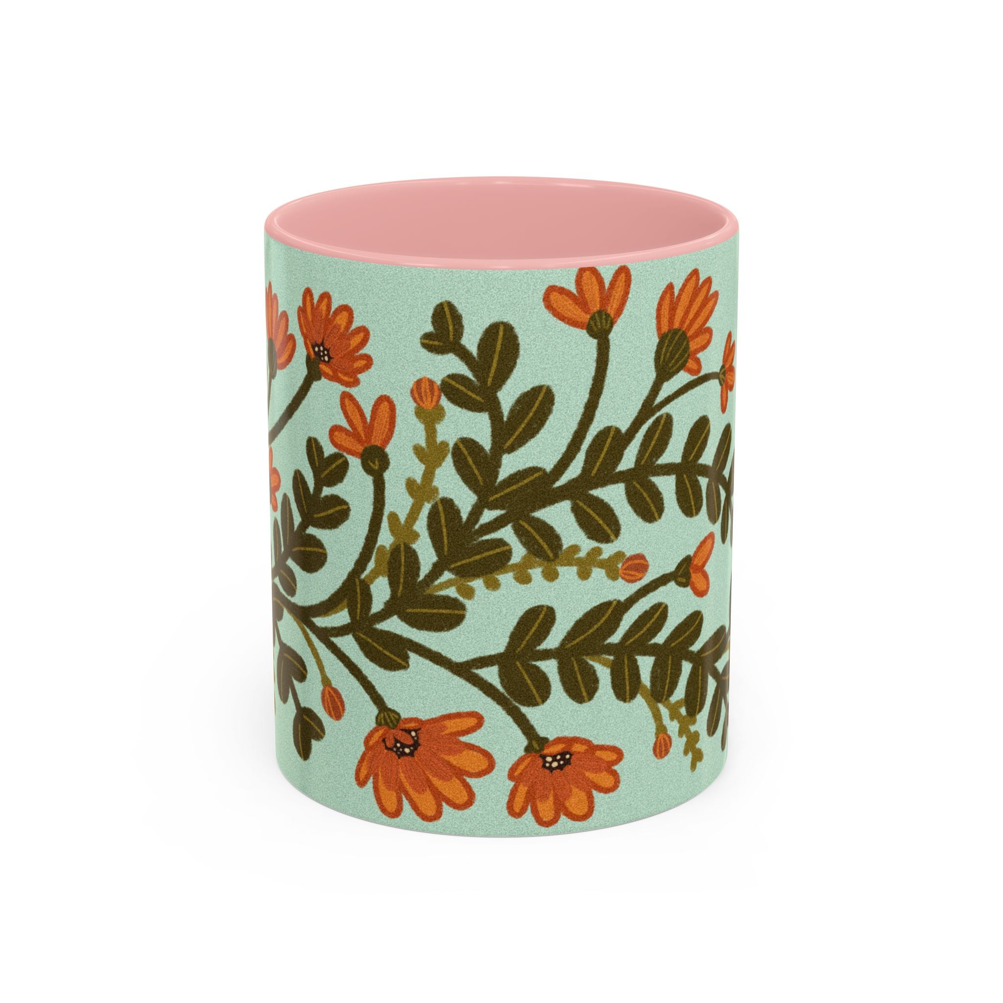 Floral Vine Accent Coffee Mug – Orange Wildflowers on Mint (11/15oz)