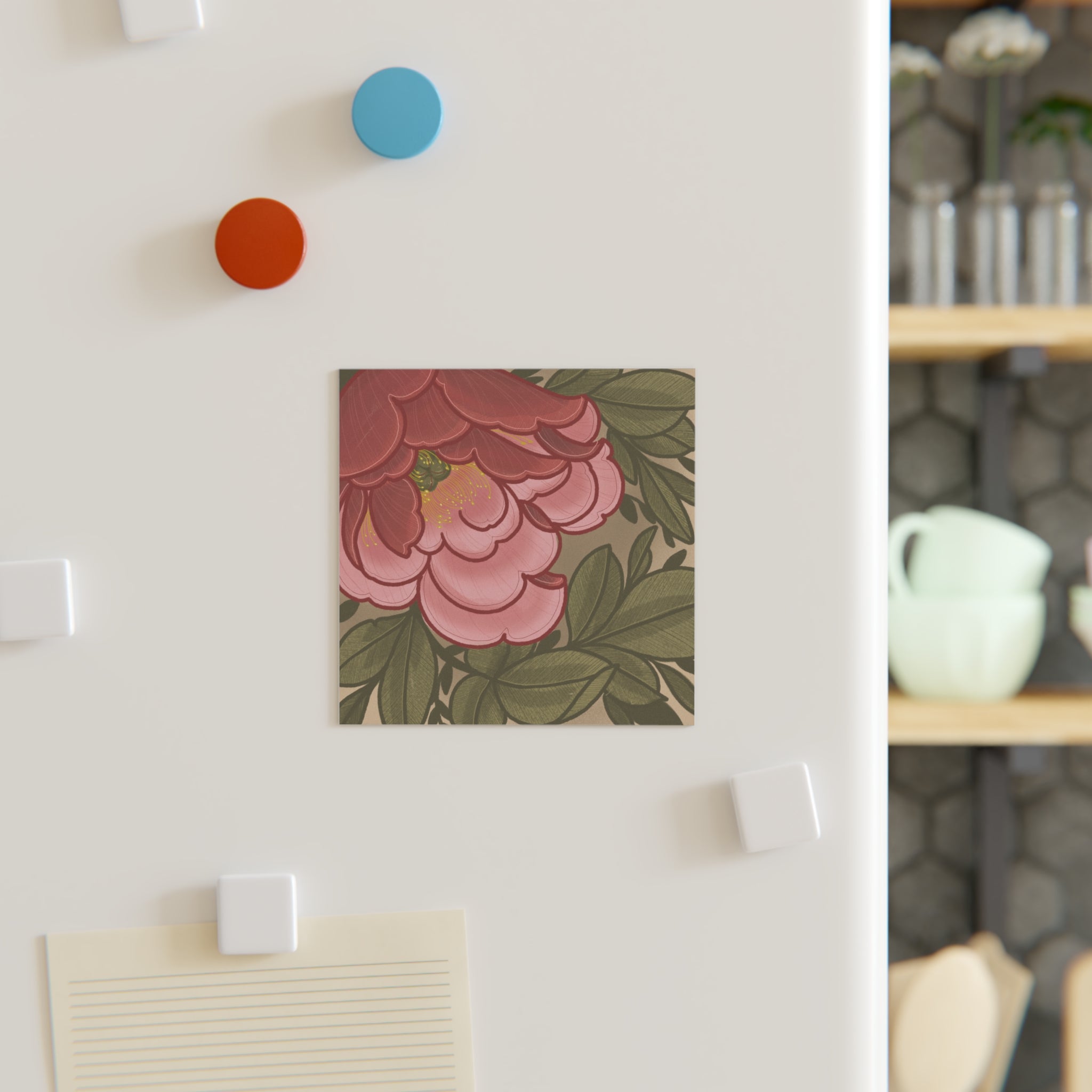 Floral Peony Square Magnet — Vintage Pink Garden Refrigerator Magnet