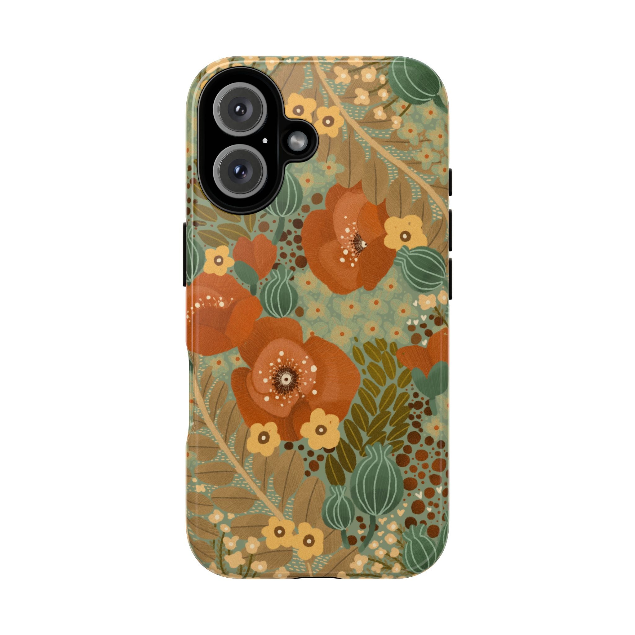 Floral Retro Tough Phone Case — Vintage Orange & Green Bloom Design