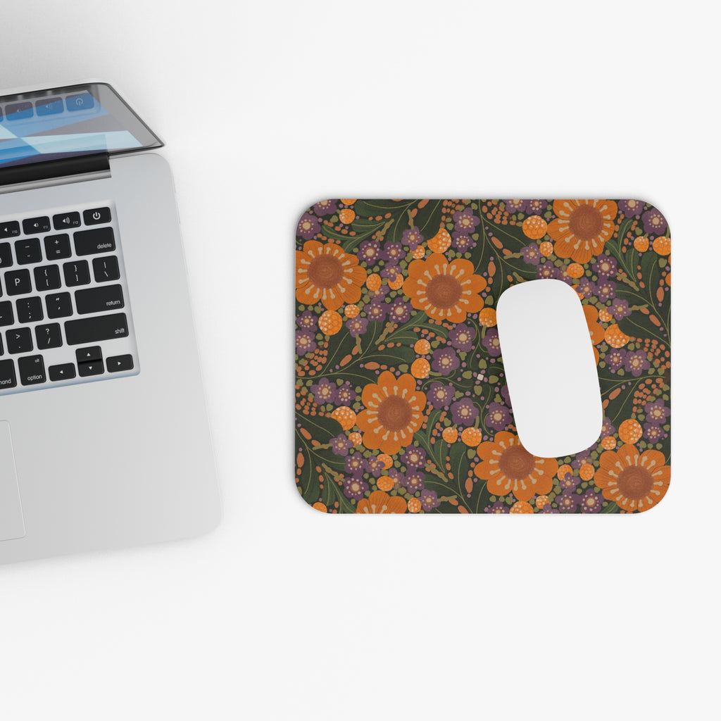 Orange Floral Pattern Mouse Pad | Retro Sunflower Desk Accessory