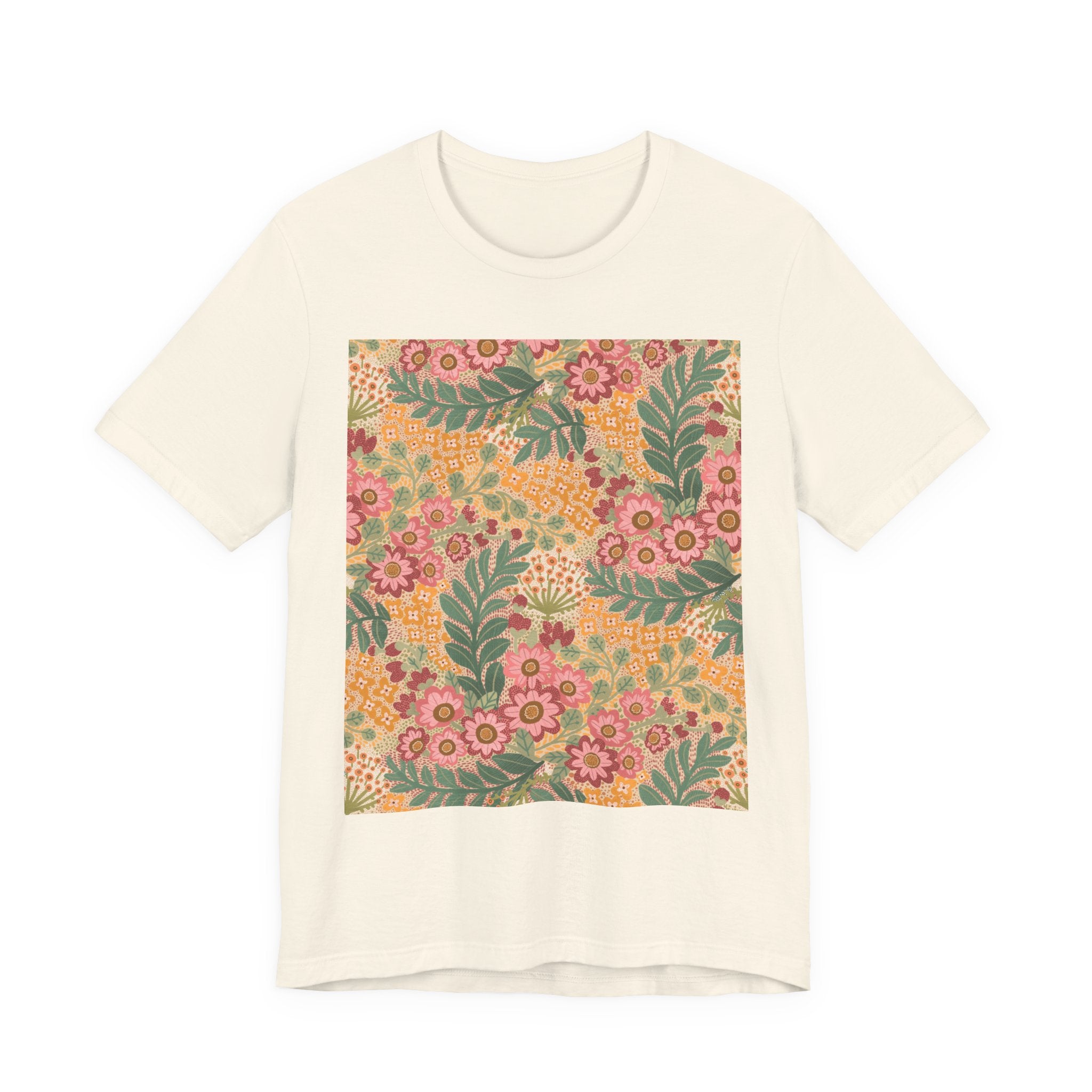 Retro Floral Square Tee — Vintage Pink & Mustard Botanical Shirt