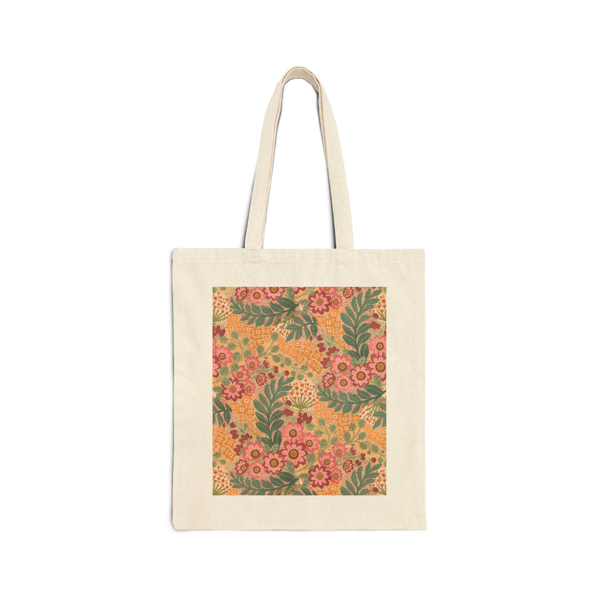 Floral Vintage Canvas Tote Bag — Retro Orange & Green Flower Market Tote