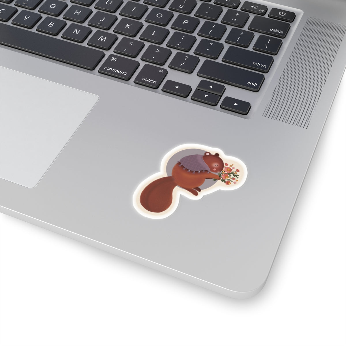Cozy Squirrel with Bouquet Sticker — Cute Woodland Laptop Decal