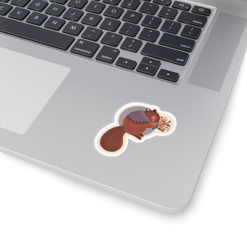 Cozy Squirrel with Bouquet Sticker — Cute Woodland Laptop Decal