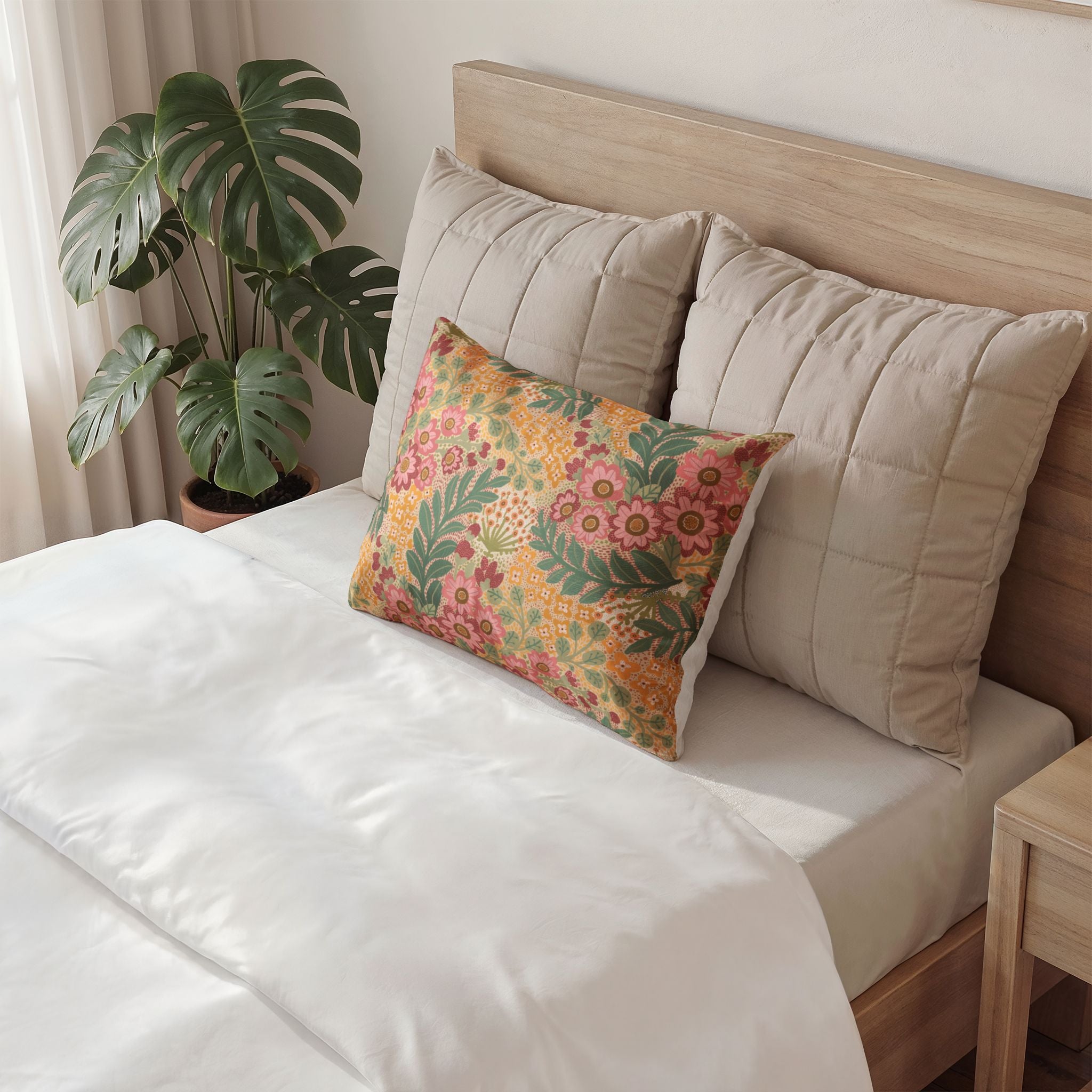 Floral Vintage Pillow Sham — Retro Pink & Sage Cotton Accent Cover