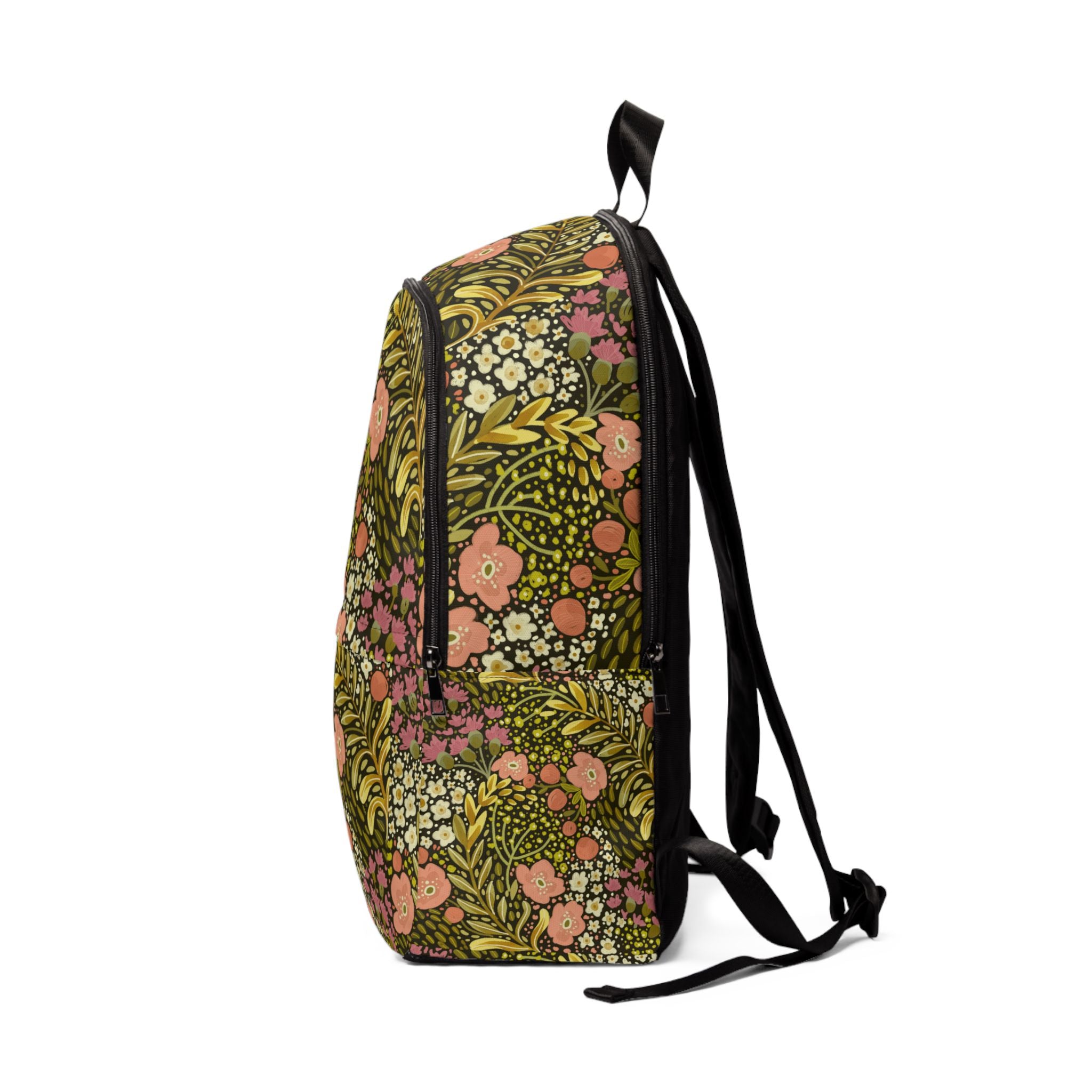 Floral Vintage Meadow Backpack — Olive Green & Coral Patterned Daypack