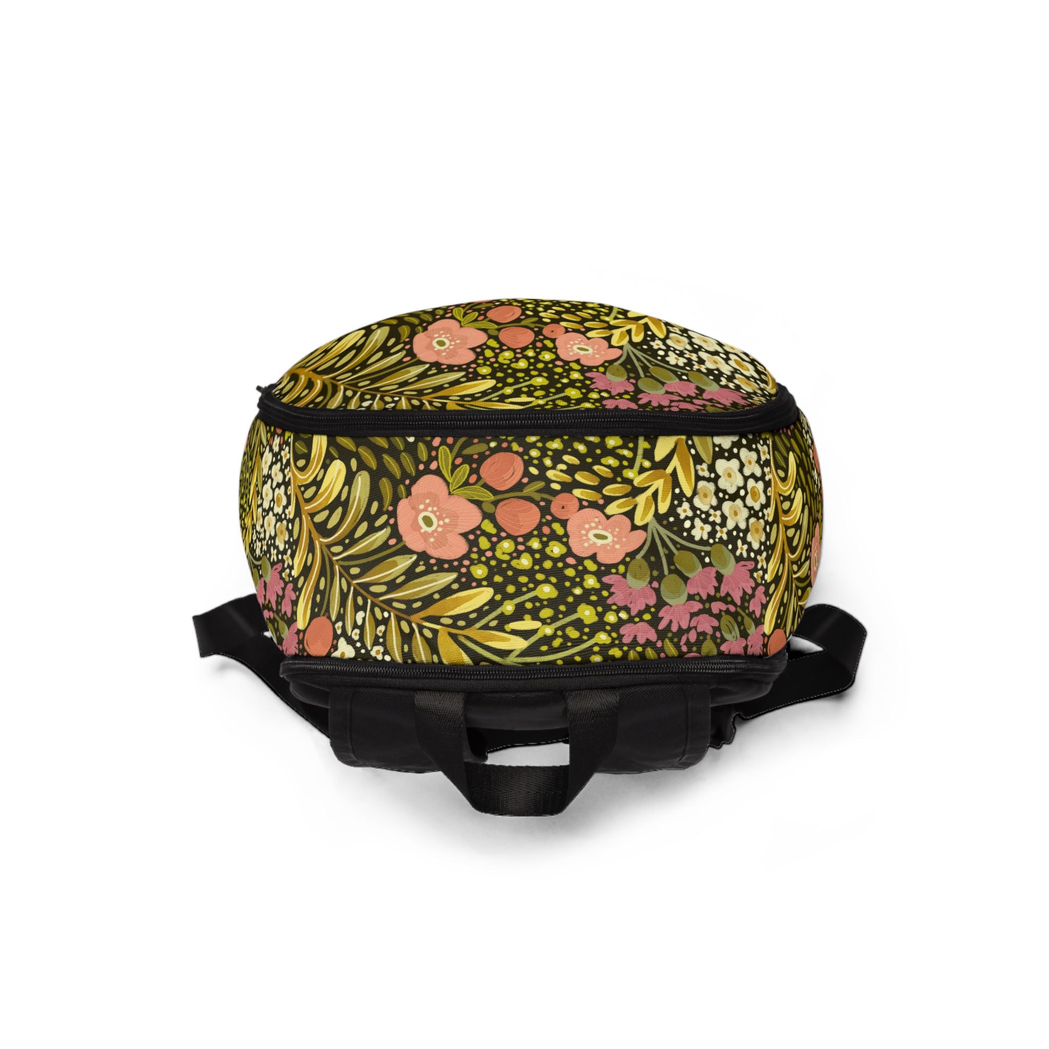 Floral Vintage Meadow Backpack — Olive Green & Coral Patterned Daypack