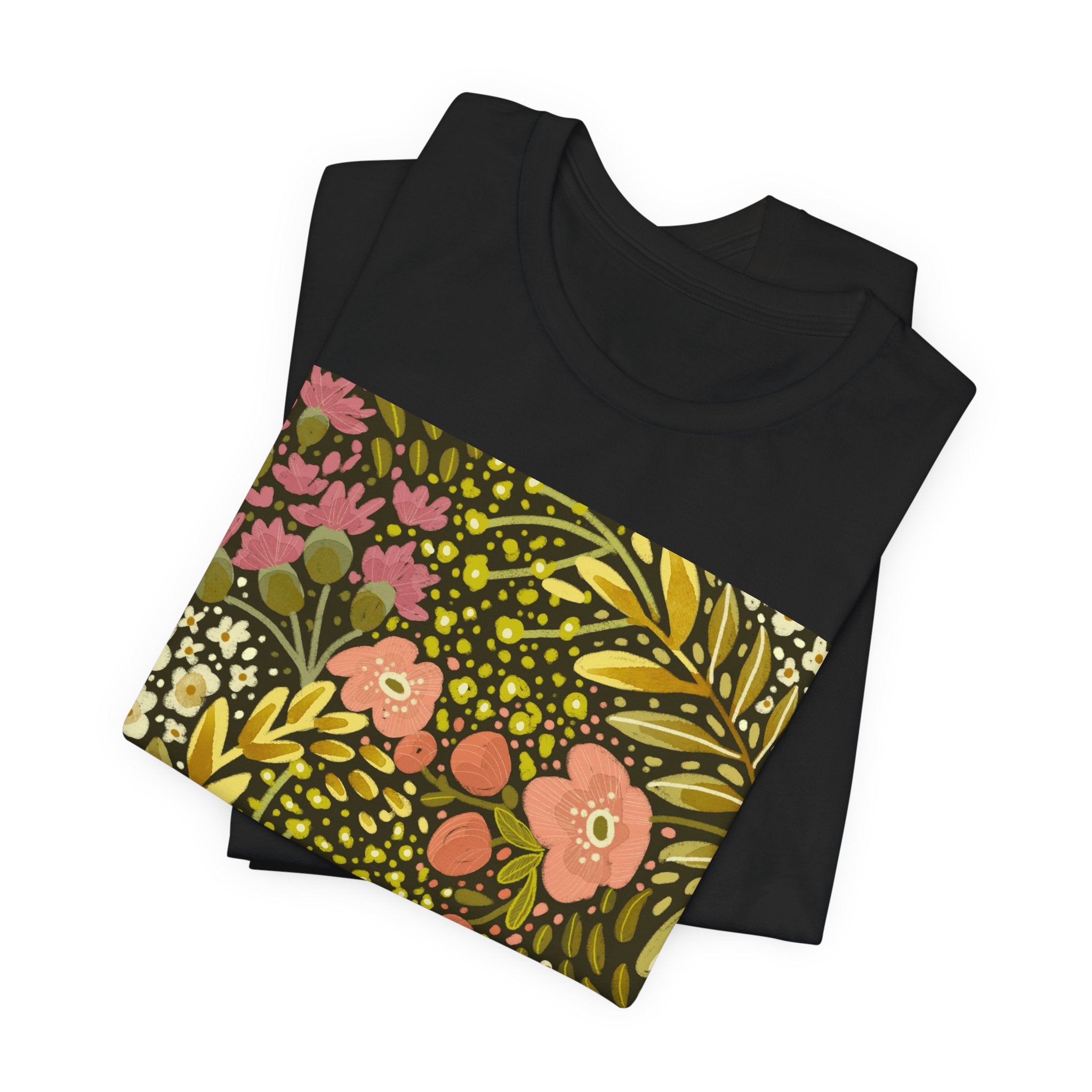 Floral Meadow Tee — Retro Pink & Olive Botanical Graphic T-Shirt
