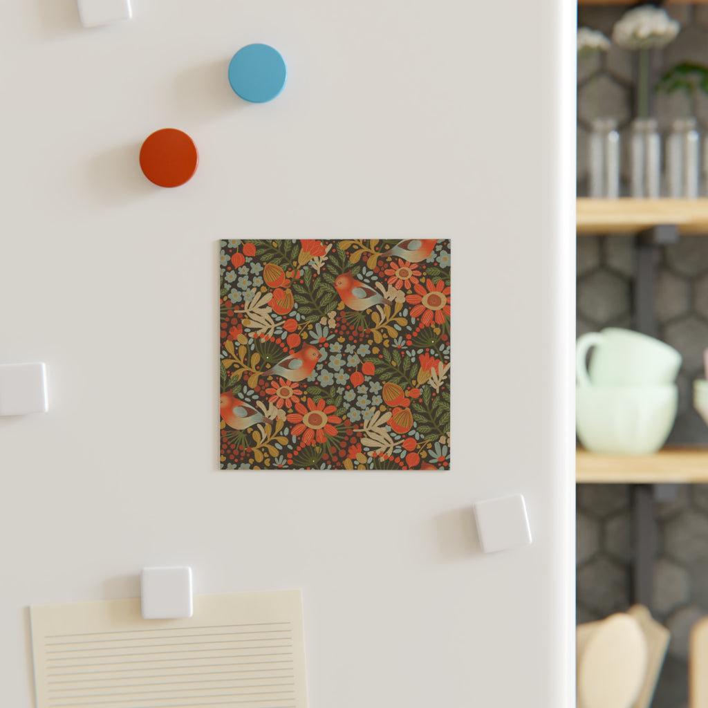 Floral Bird Square Magnet - Retro Botanical Refrigerator Décor