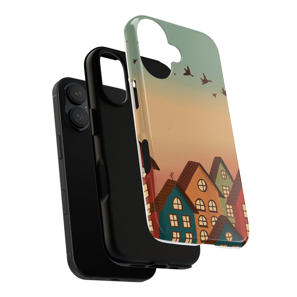 Cozy Village Sunset Phone Case — Houses & Flying Birds Protective iPhone Cover