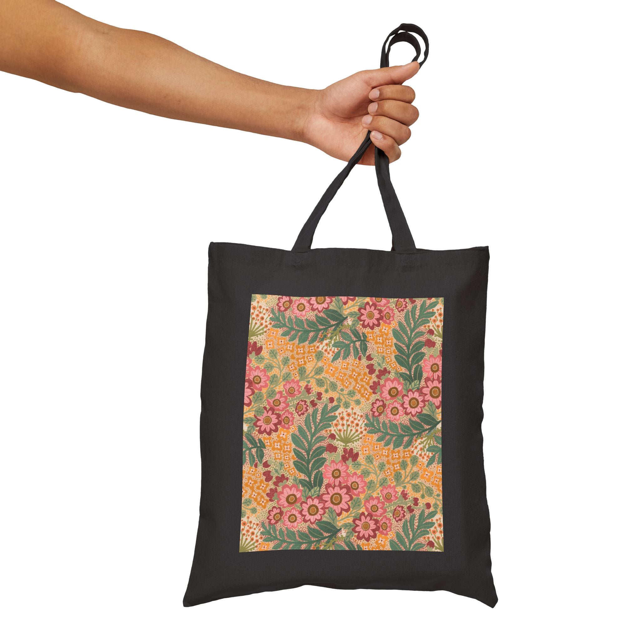 Floral Vintage Canvas Tote Bag — Retro Orange & Green Flower Market Tote