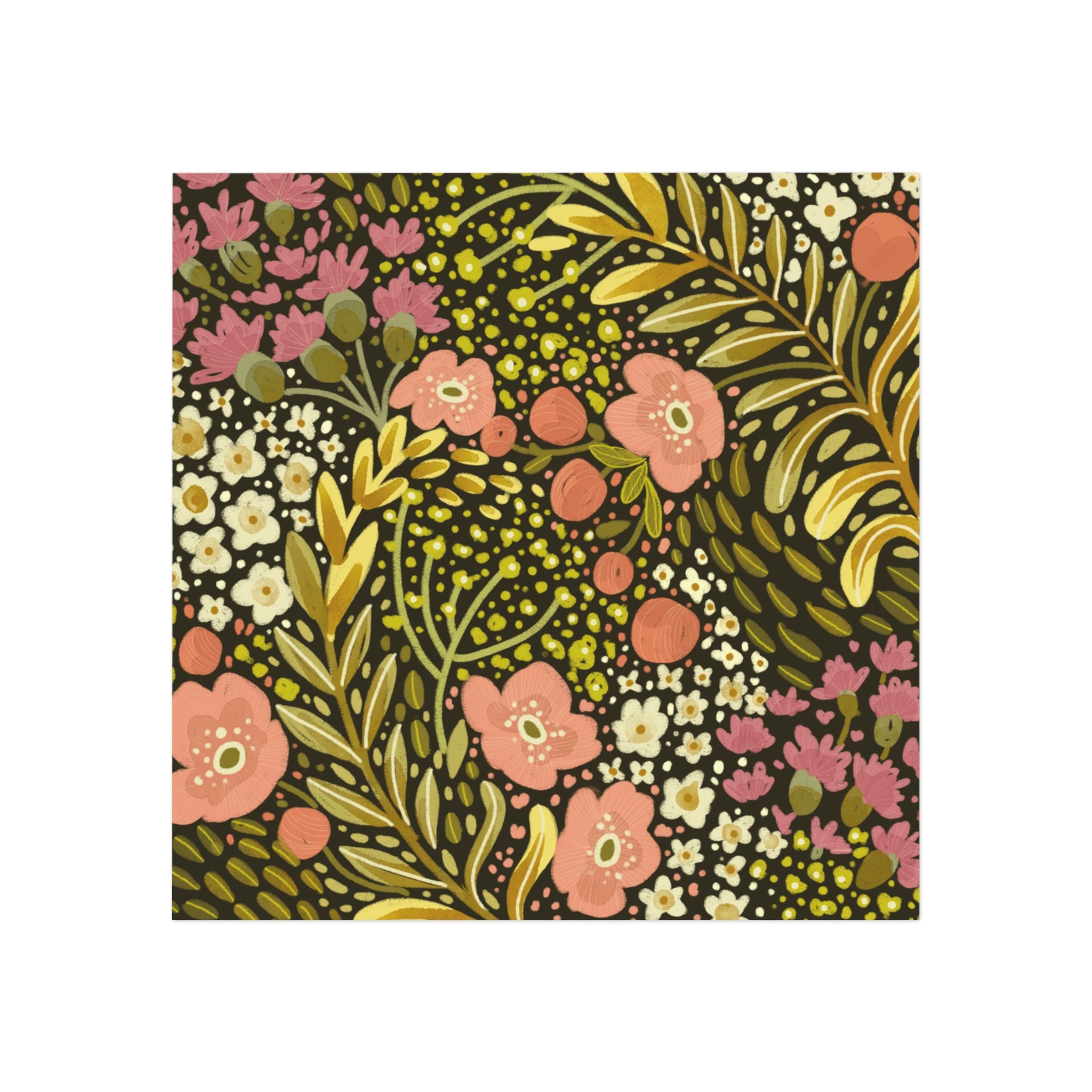 Floral Folk Art Square Magnet — Pink & Olive Botanical Refrigerator Magnet