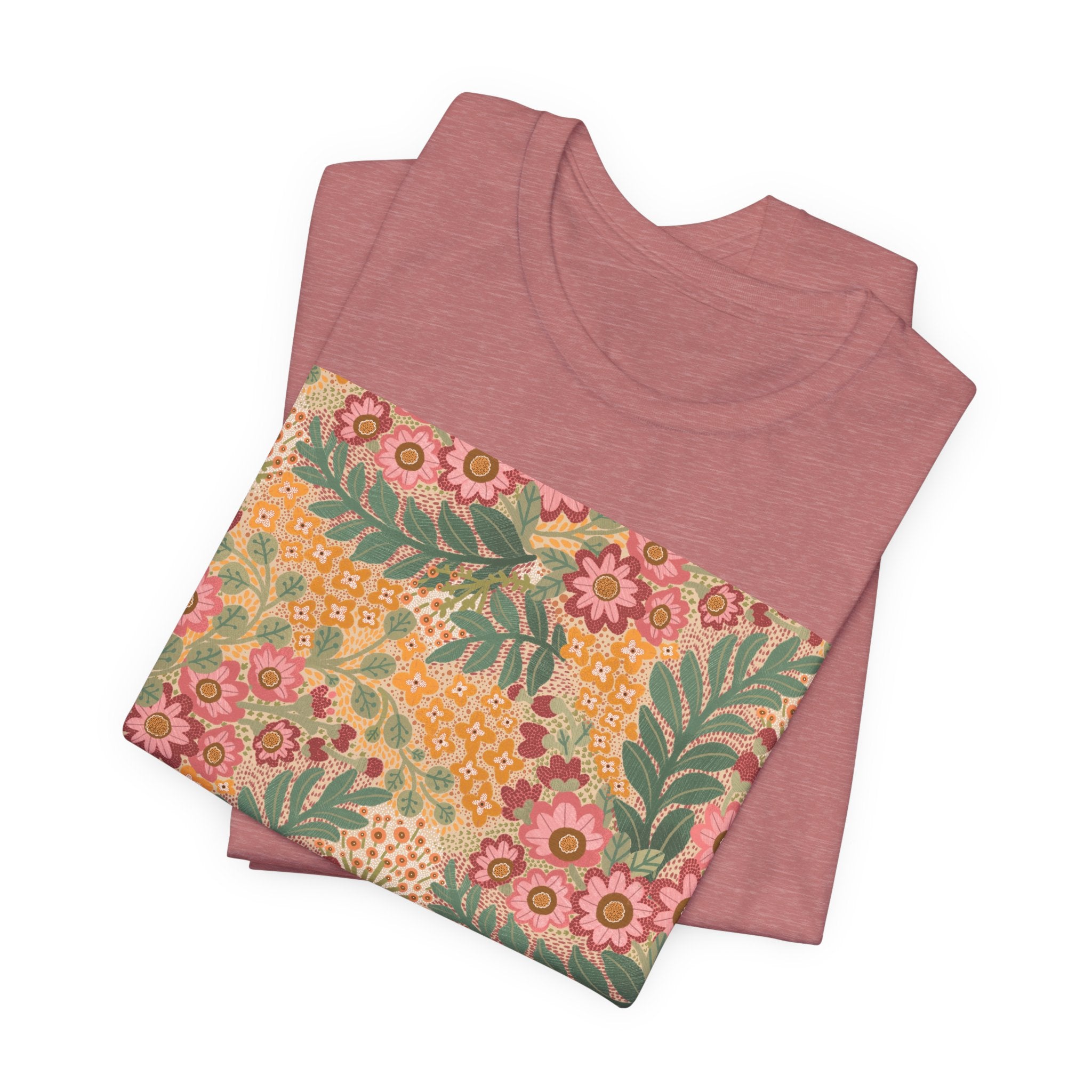 Retro Floral Square Tee — Vintage Pink & Mustard Botanical Shirt