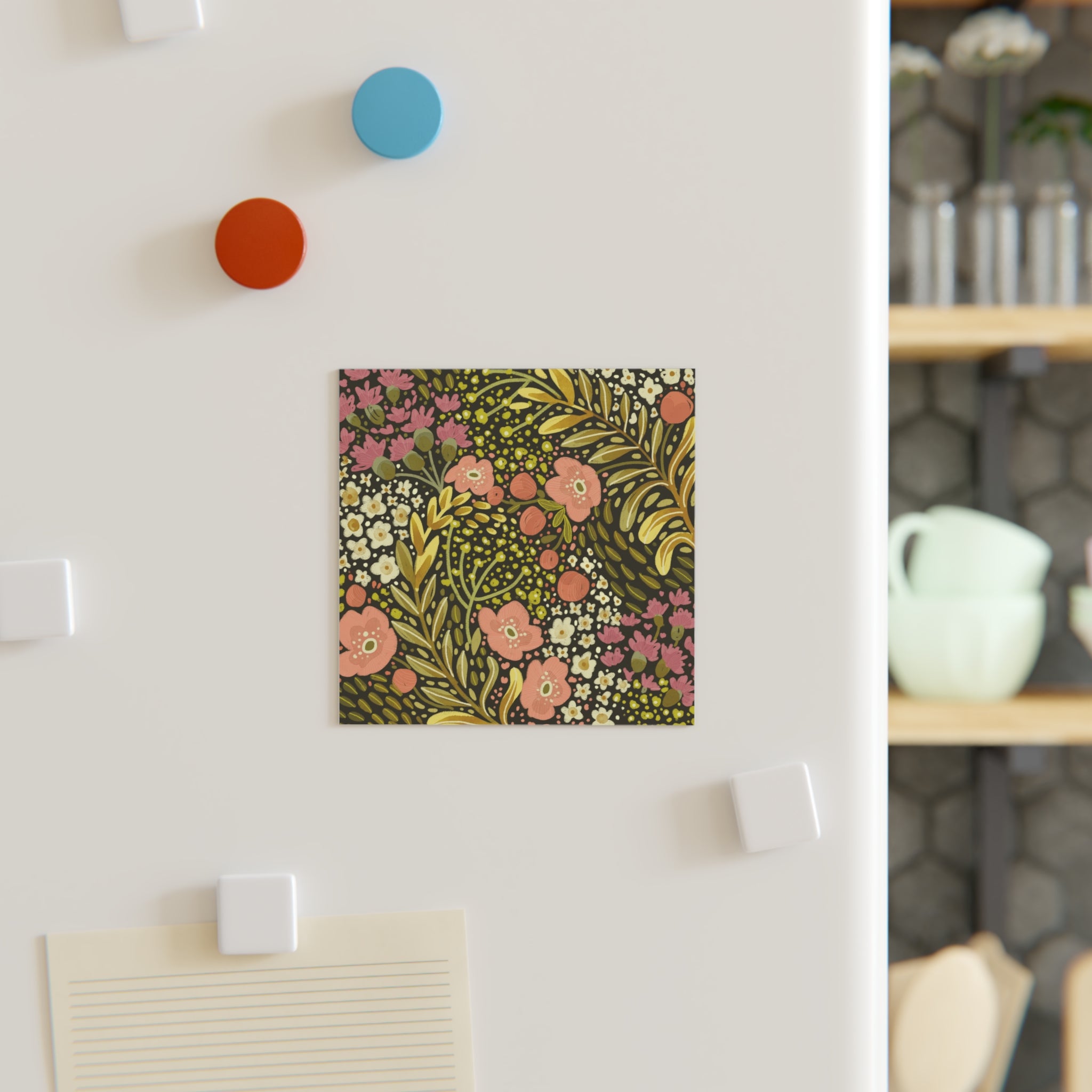 Floral Folk Art Square Magnet — Pink & Olive Botanical Refrigerator Magnet