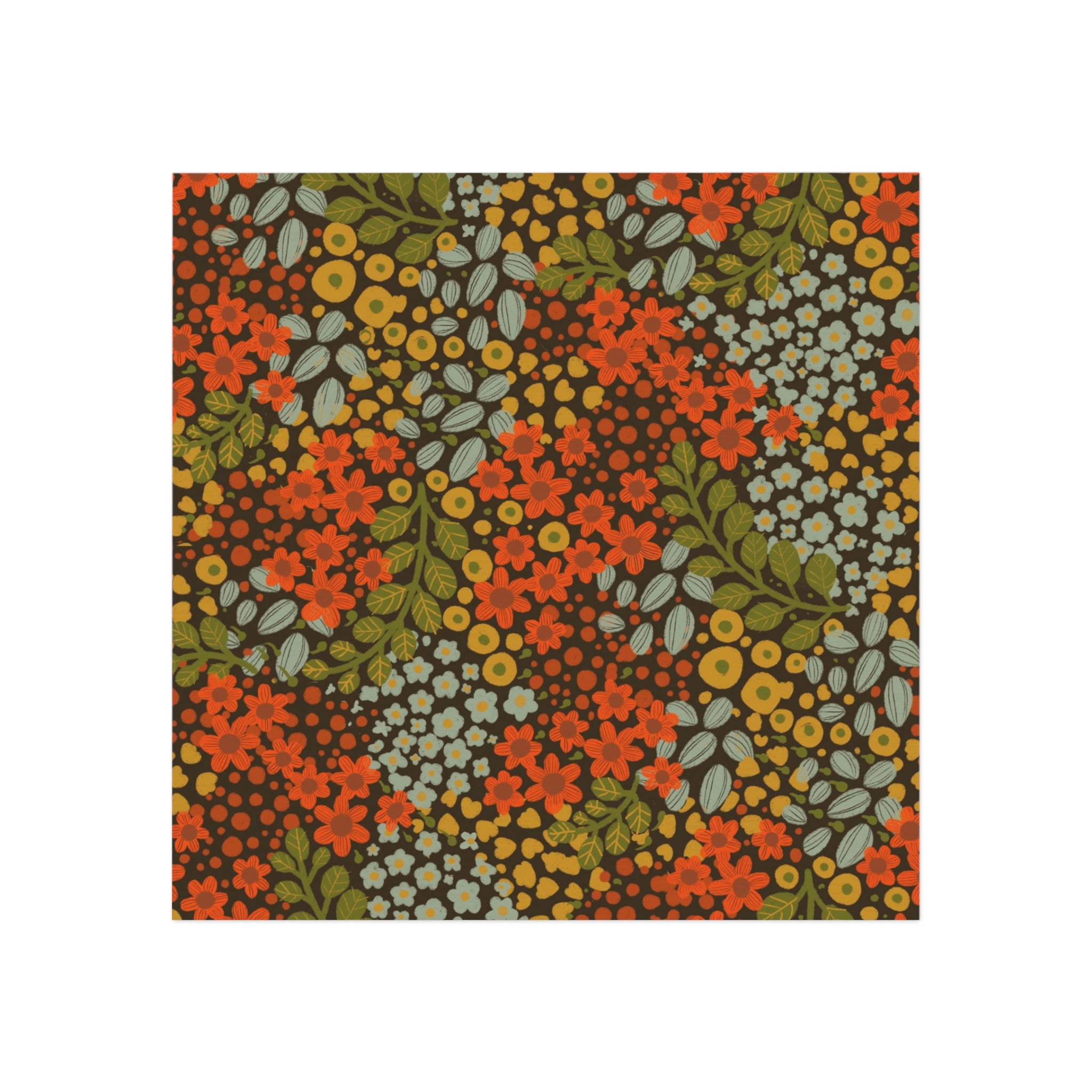 Retro Floral Square Magnet — Vintage Orange & Olive Botanical Fridge Magnet