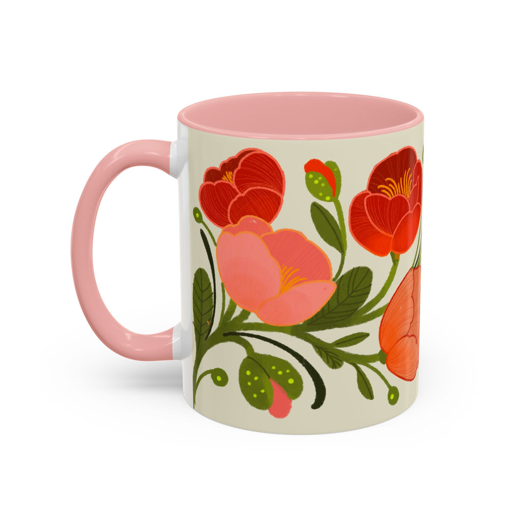 Floral Accent Coffee Mug — Coral Poppy Bouquet Design (11/15 oz)