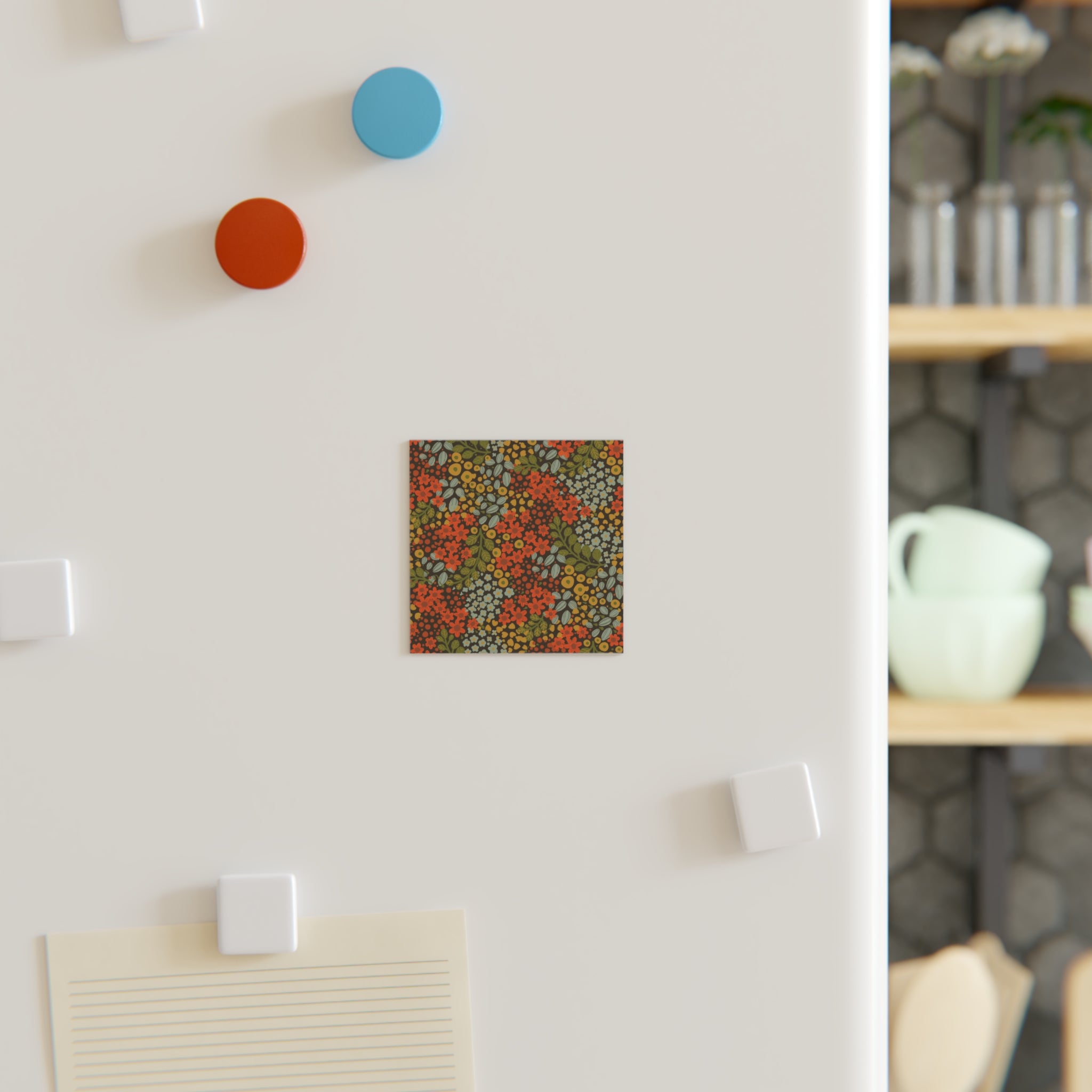 Retro Floral Square Magnet — Vintage Orange & Olive Botanical Fridge Magnet