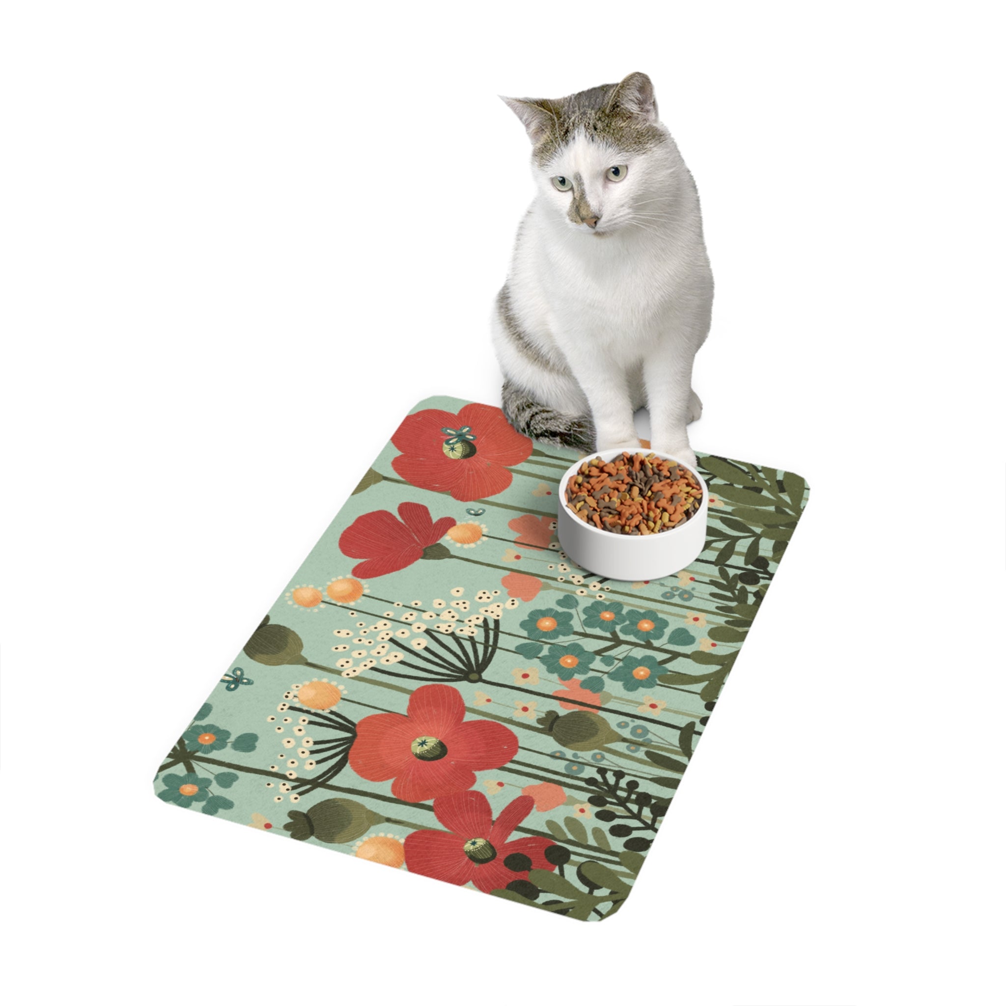 Floral Poppy Pet Food Mat (12x18) — Non-Slip Feeding Placemat for Cats & Dogs