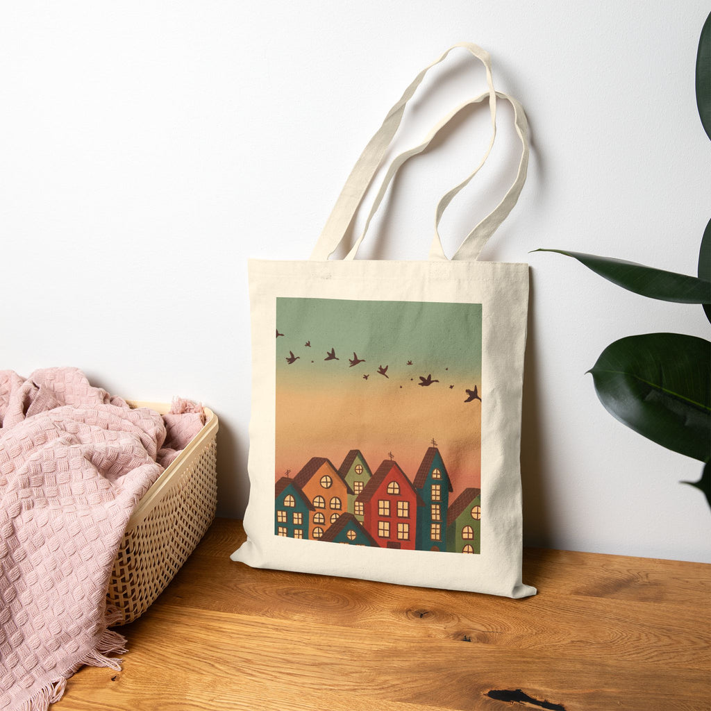 Vintage Sunset Village Tote Bag — Cozy House Illustration Canvas Tote