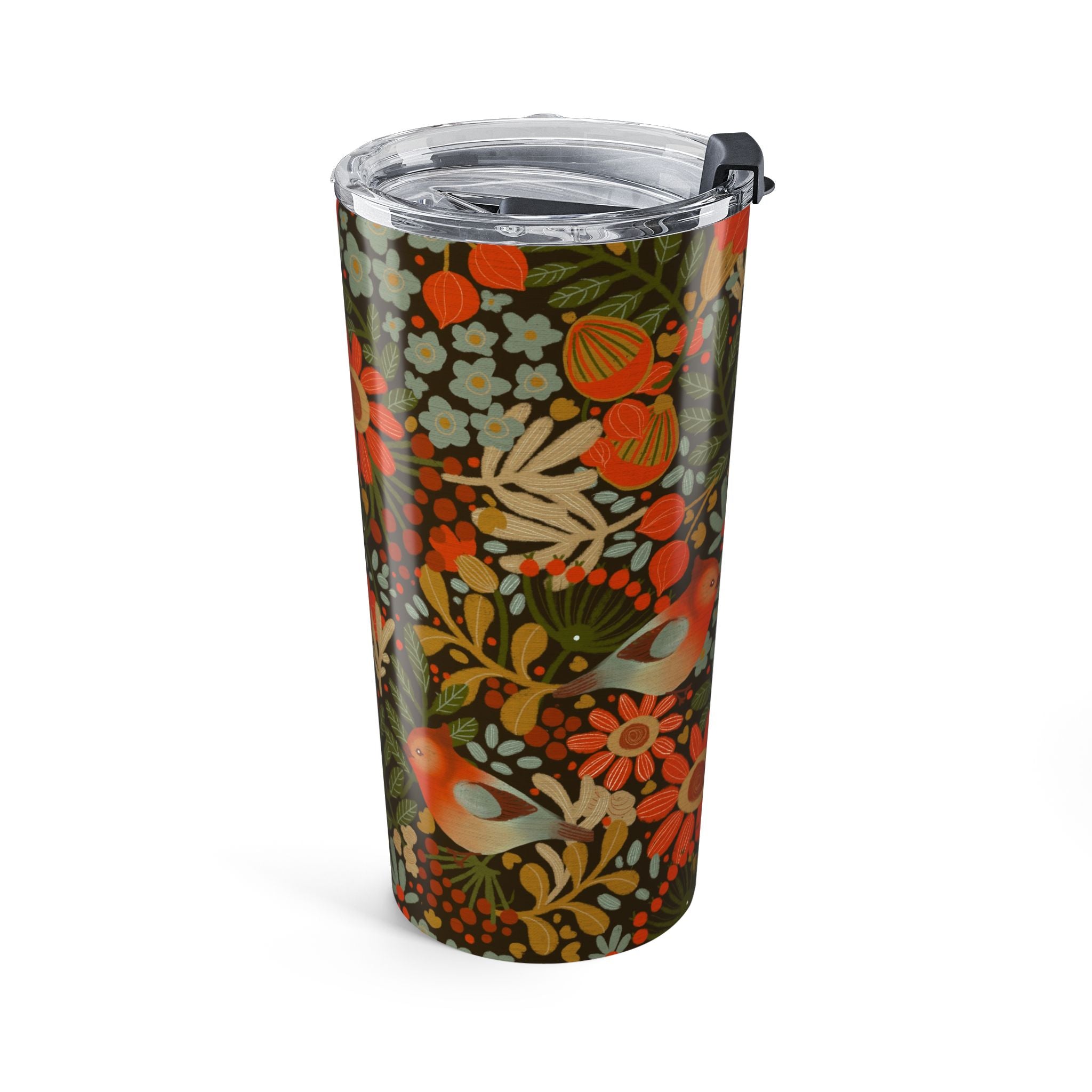 Retro Floral Bird Tumbler 20oz | Orange Green Cottagecore Travel Cup