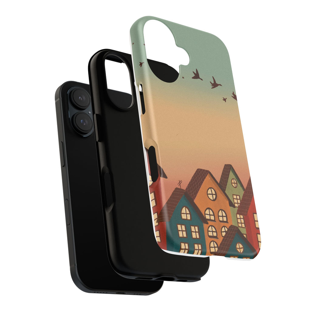 Cozy Village Sunset Phone Case — Houses & Flying Birds Protective iPhone Cover