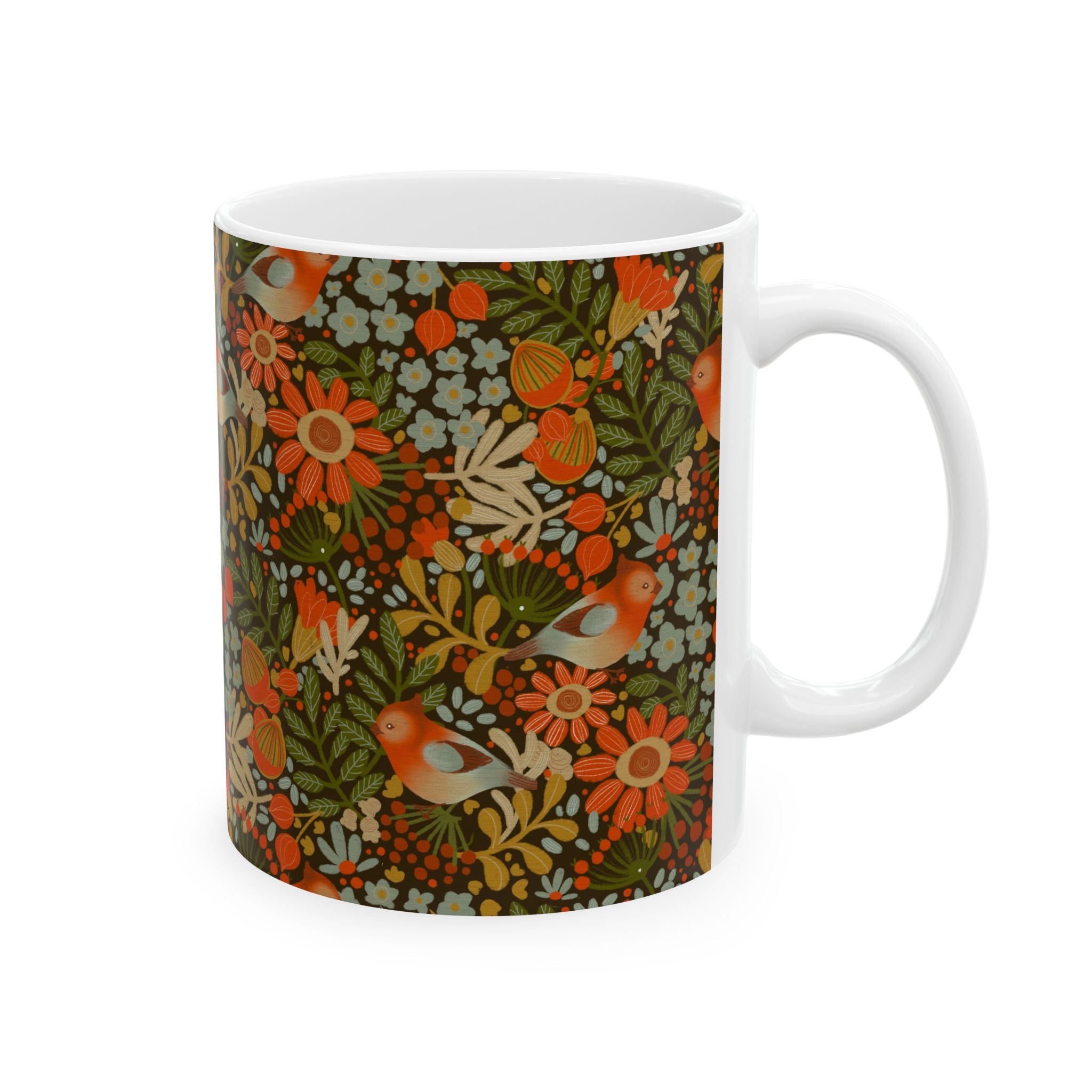 Vintage Floral Bird Pattern Mug | Retro Orange Green Botanical Ceramic