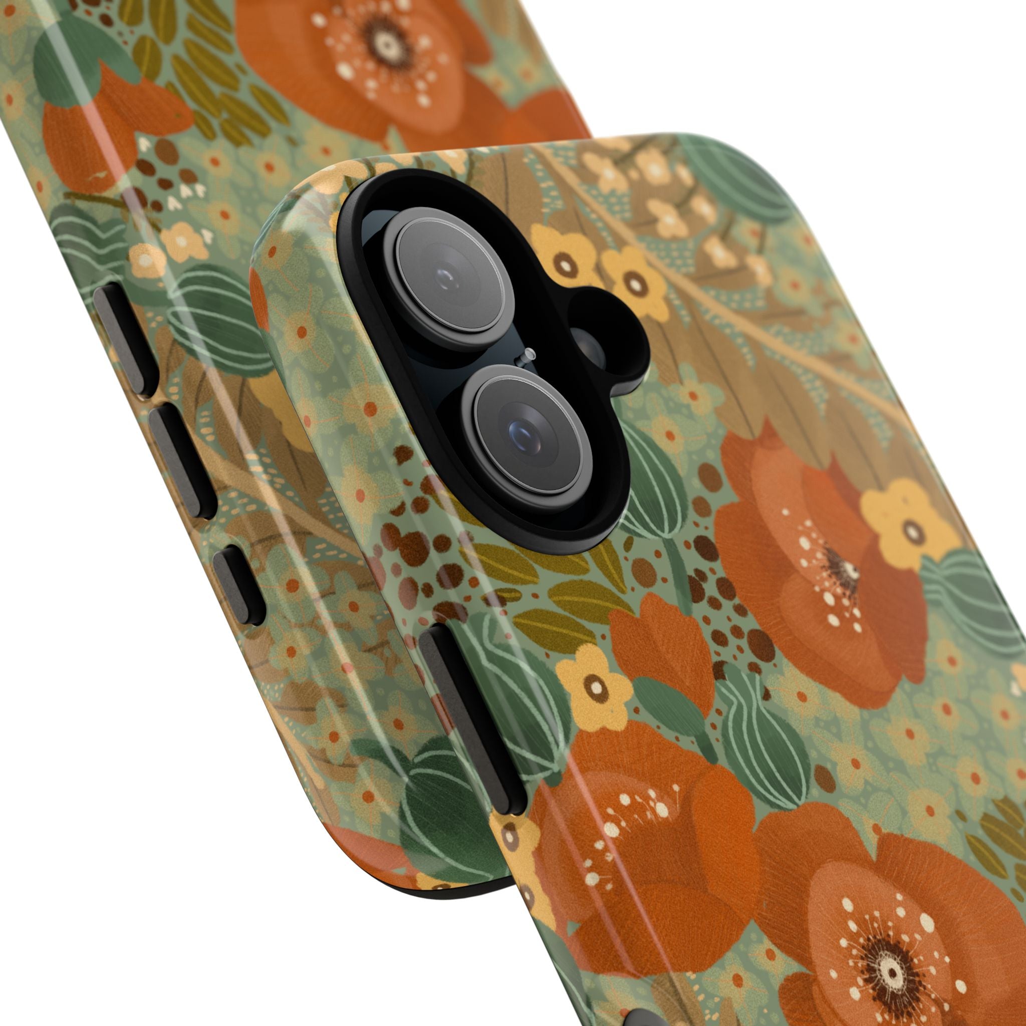 Floral Retro Tough Phone Case — Vintage Orange & Green Bloom Design