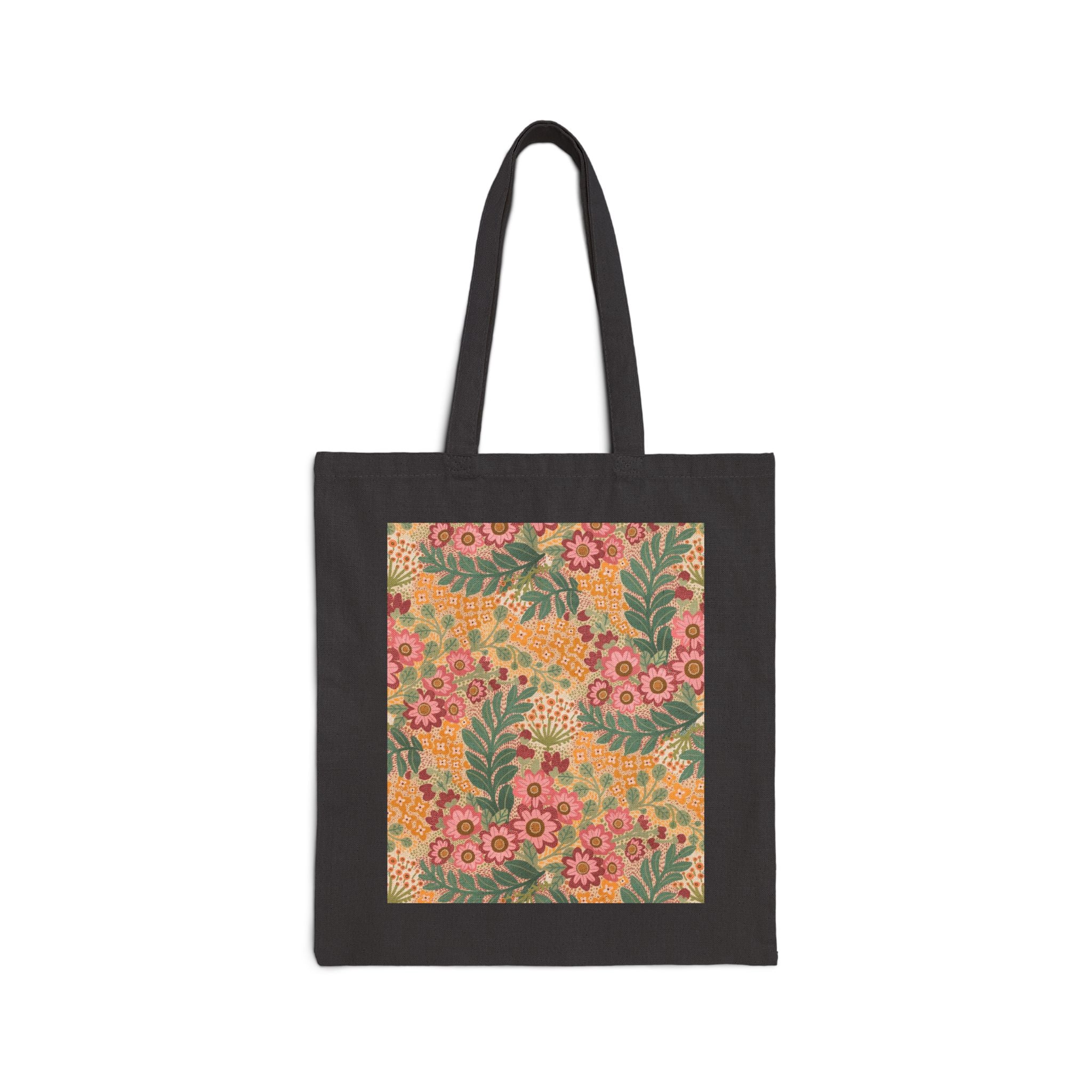 Floral Vintage Canvas Tote Bag — Retro Orange & Green Flower Market Tote