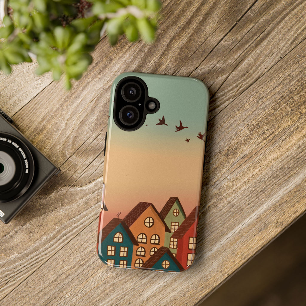 Cozy Village Sunset Phone Case — Houses & Flying Birds Protective iPhone Cover