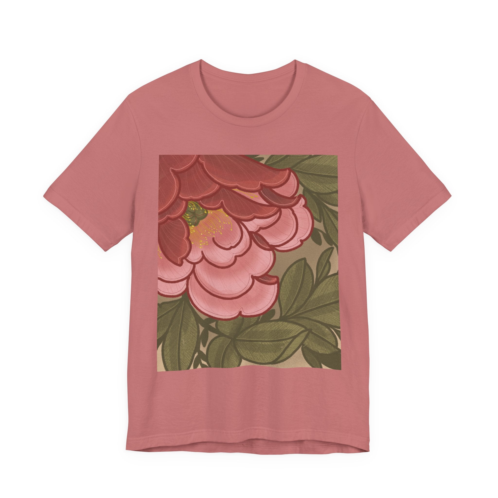 Floral Peony Square Print Tee — Vintage Pink Botanical T-Shirt
