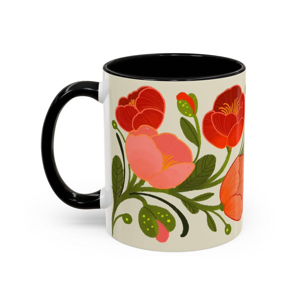 Floral Accent Coffee Mug — Coral Poppy Bouquet Design (11/15 oz)