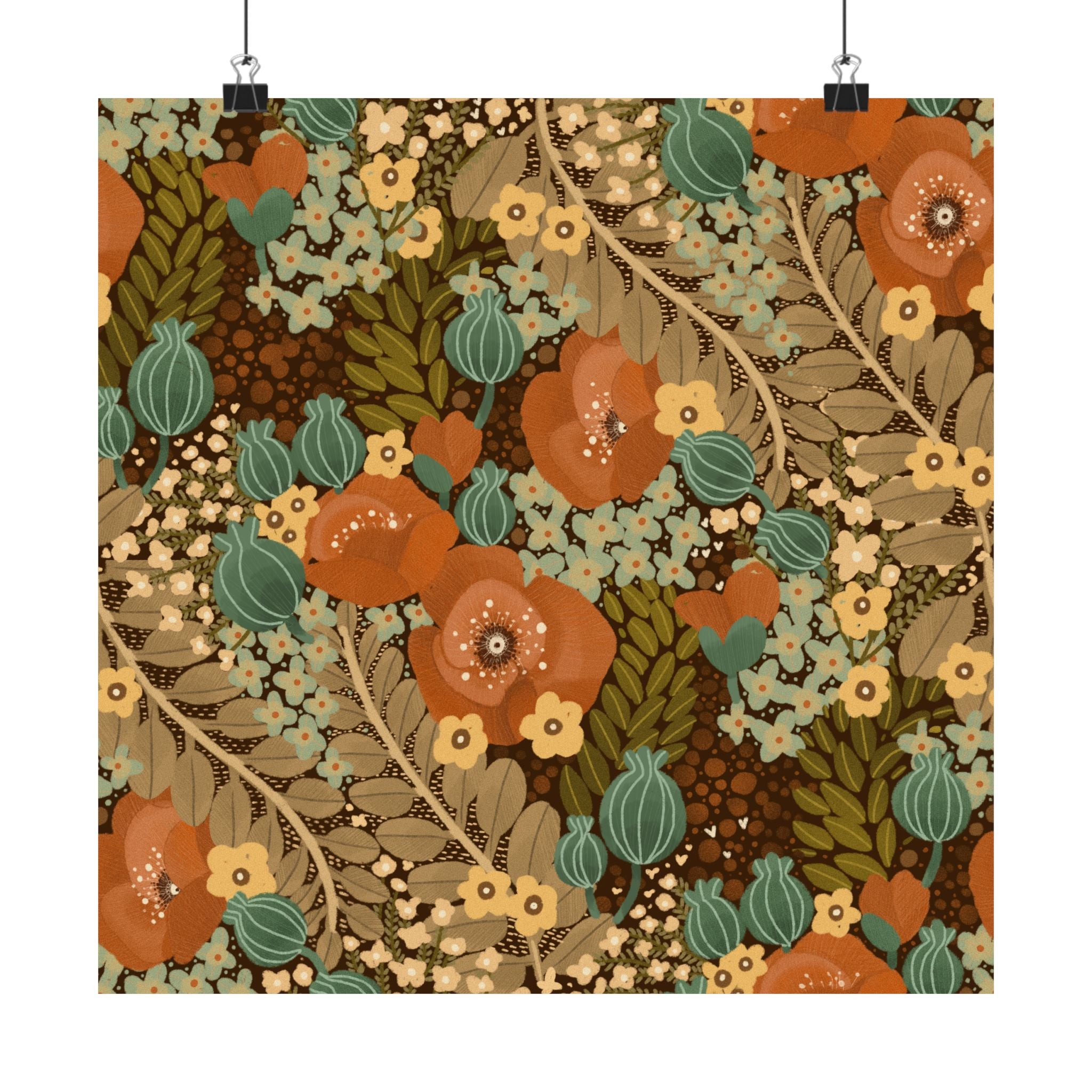 Retro Floral Satin Poster — Vintage Orange & Teal Botanical Wall Art (210gsm)