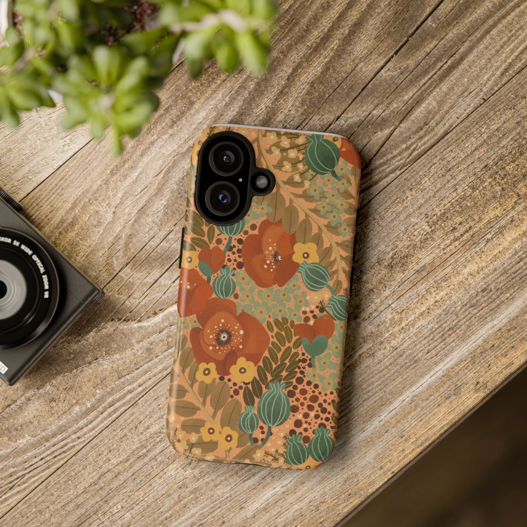Floral Retro Tough Phone Case — Vintage Orange & Teal Botanical Design