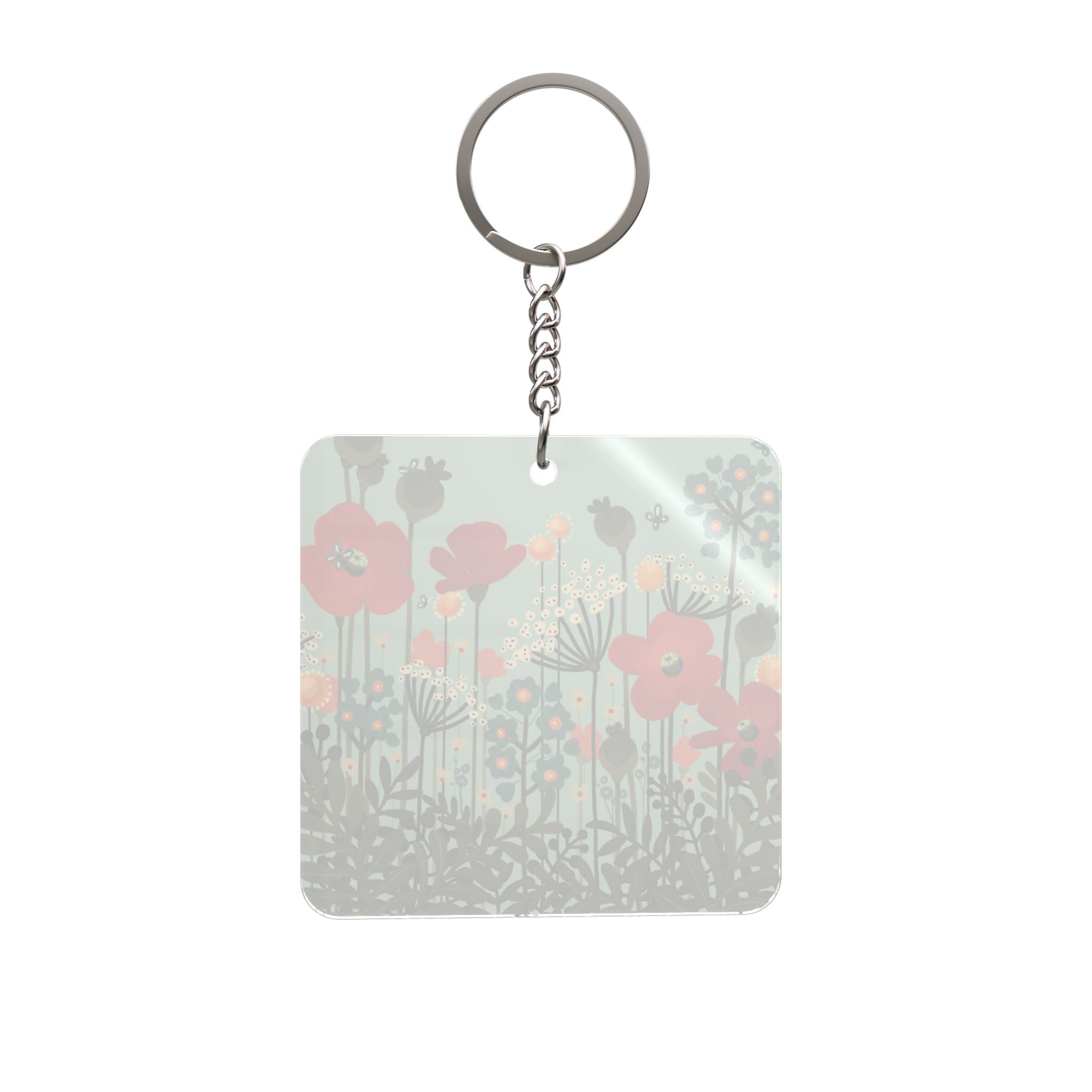 Floral Poppy Field Square Keychain — Vintage Meadow Garden Accessory