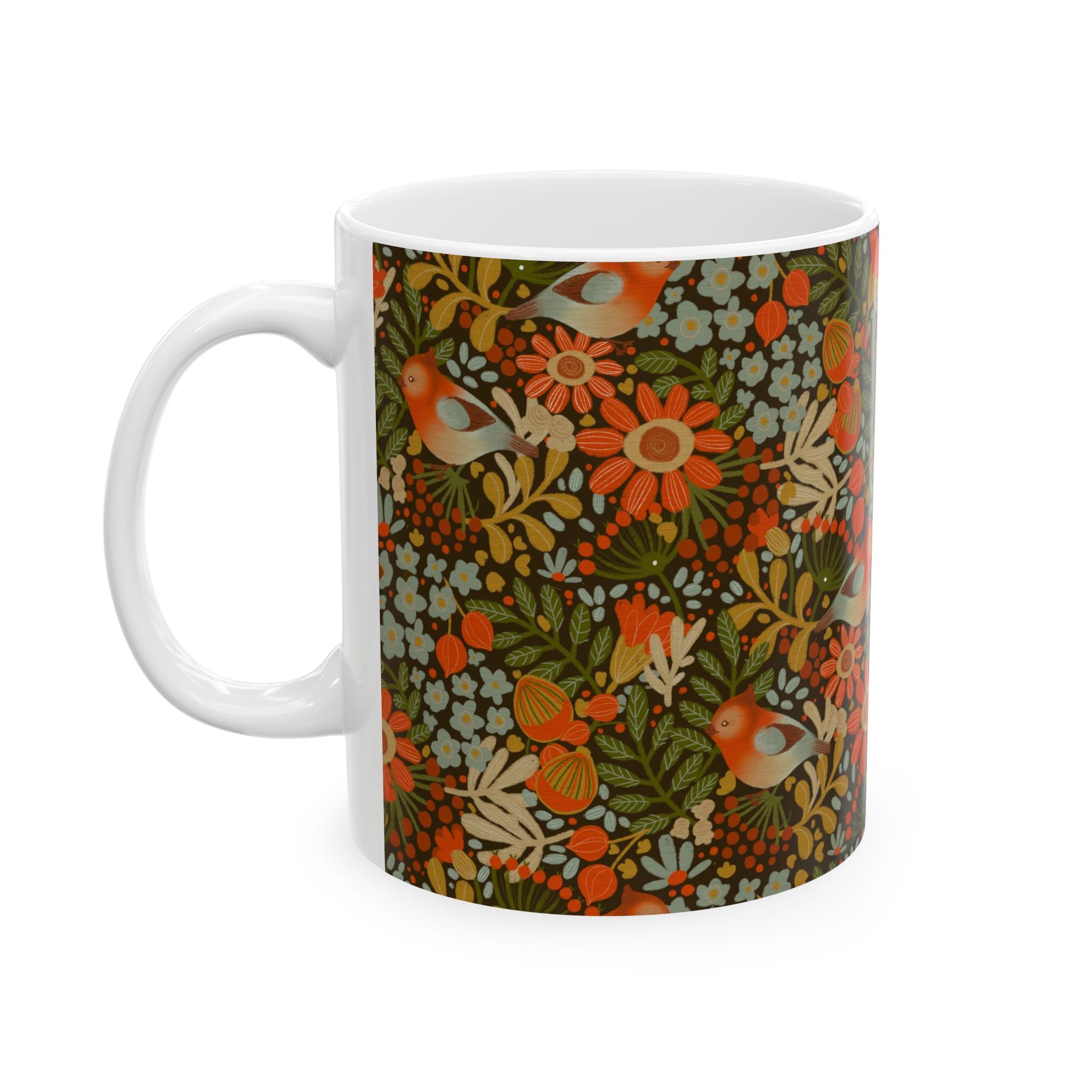 Vintage Floral Bird Pattern Mug | Retro Orange Green Botanical Ceramic