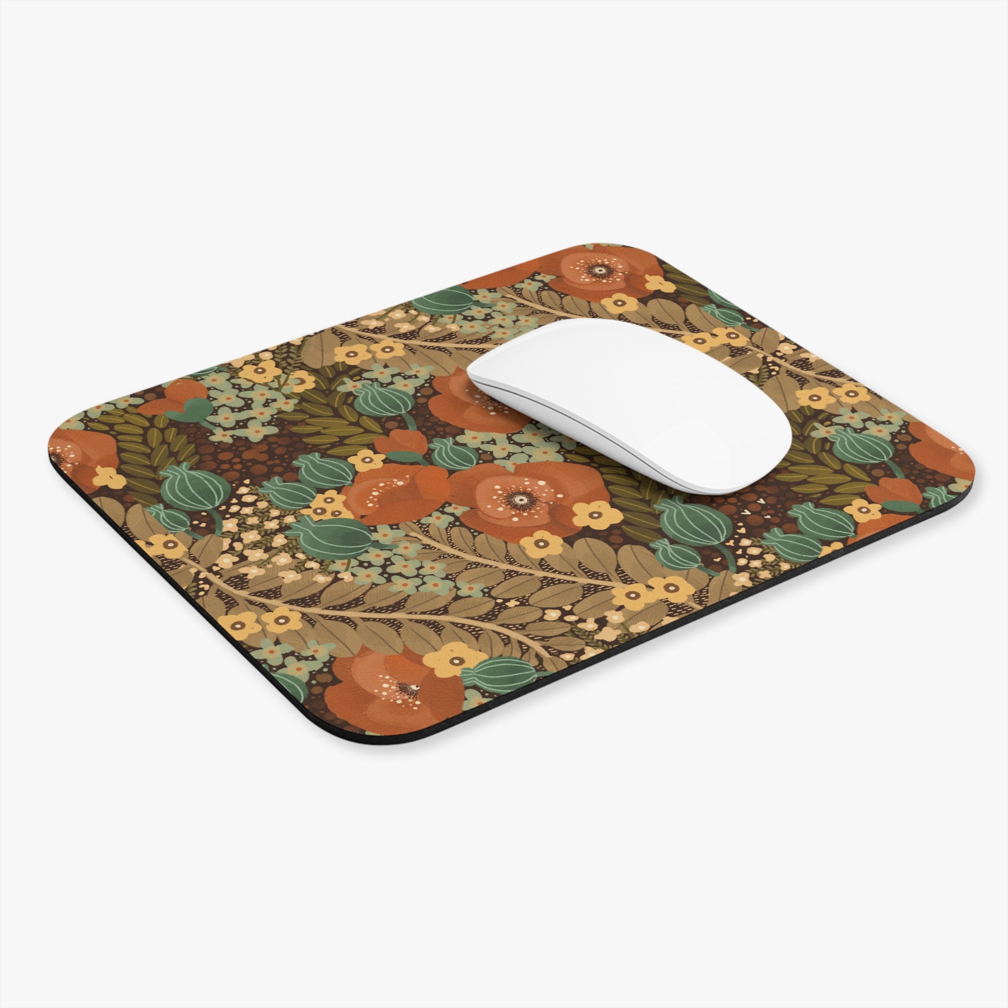 Autumn Meadow Floral Mouse Pad — Vintage Rust & Teal Desk Mat