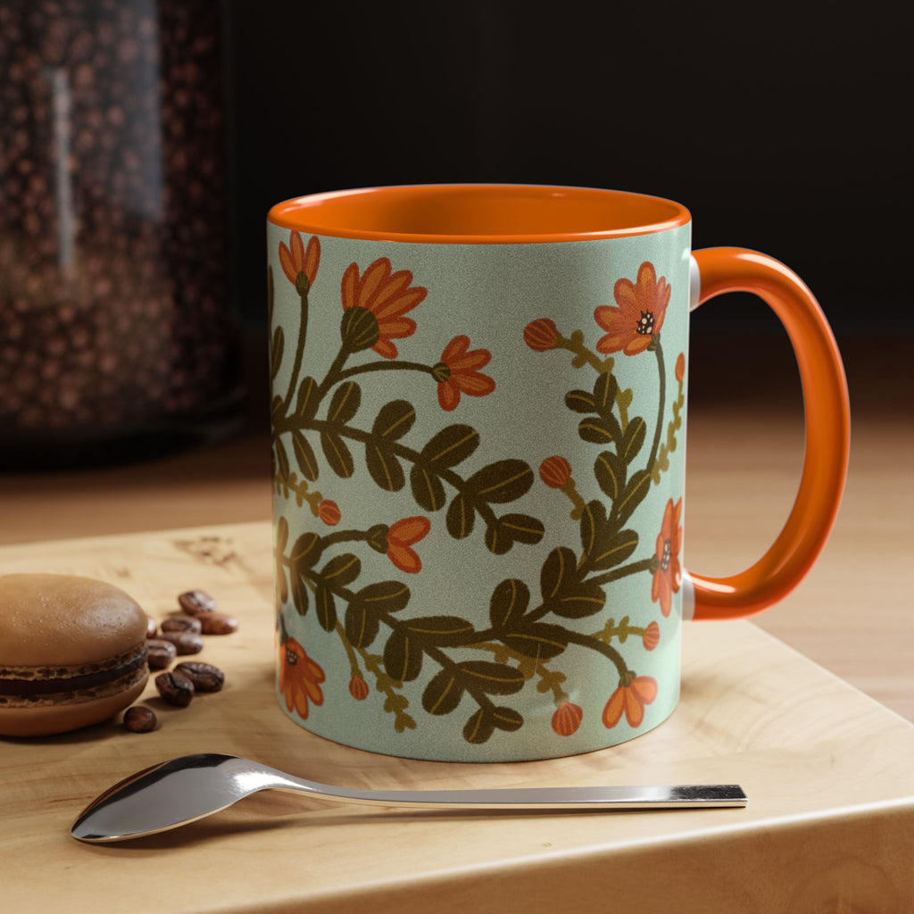 Floral Vine Accent Coffee Mug – Orange Wildflowers on Mint (11/15oz)