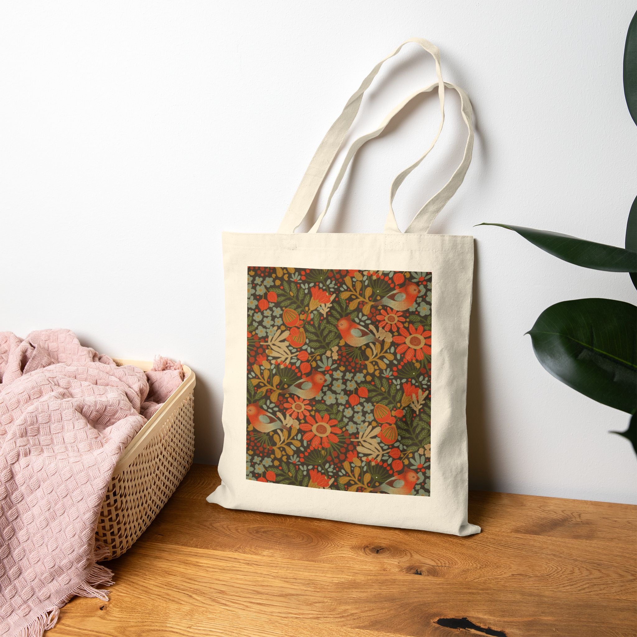 Floral Folk Art Tote — Vintage Orange & Olive Canvas Shopping Bag