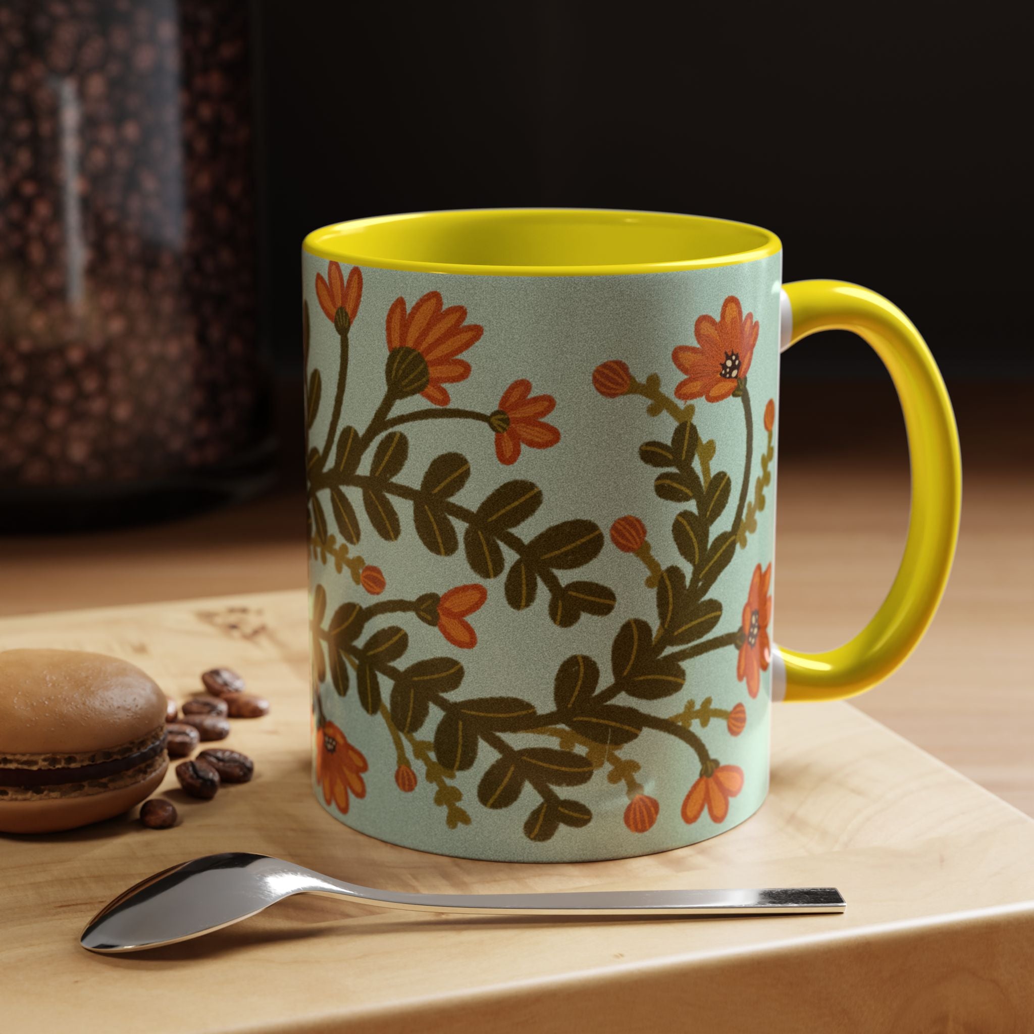 Floral Vine Accent Coffee Mug – Orange Wildflowers on Mint (11/15oz)